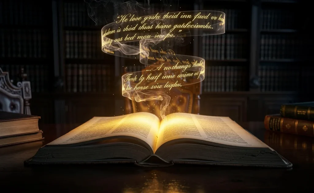 Un livre ouvert illumine une bibliothèque sombre tandis que des citations manuscrites flottent au-dessus de ses pages.