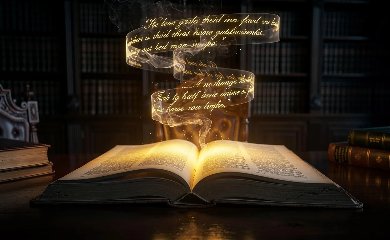 Un livre ouvert illumine une bibliothèque sombre tandis que des citations manuscrites flottent au-dessus de ses pages.