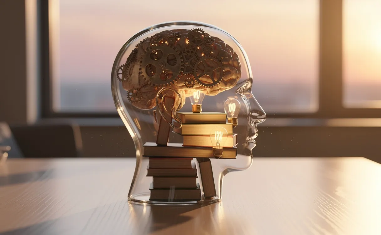 Un récipient en forme de tête, en verre transparent, rempli d’engrenages lumineux, de livres et d’ampoules, repose sur un bureau en bois au lever du soleil.