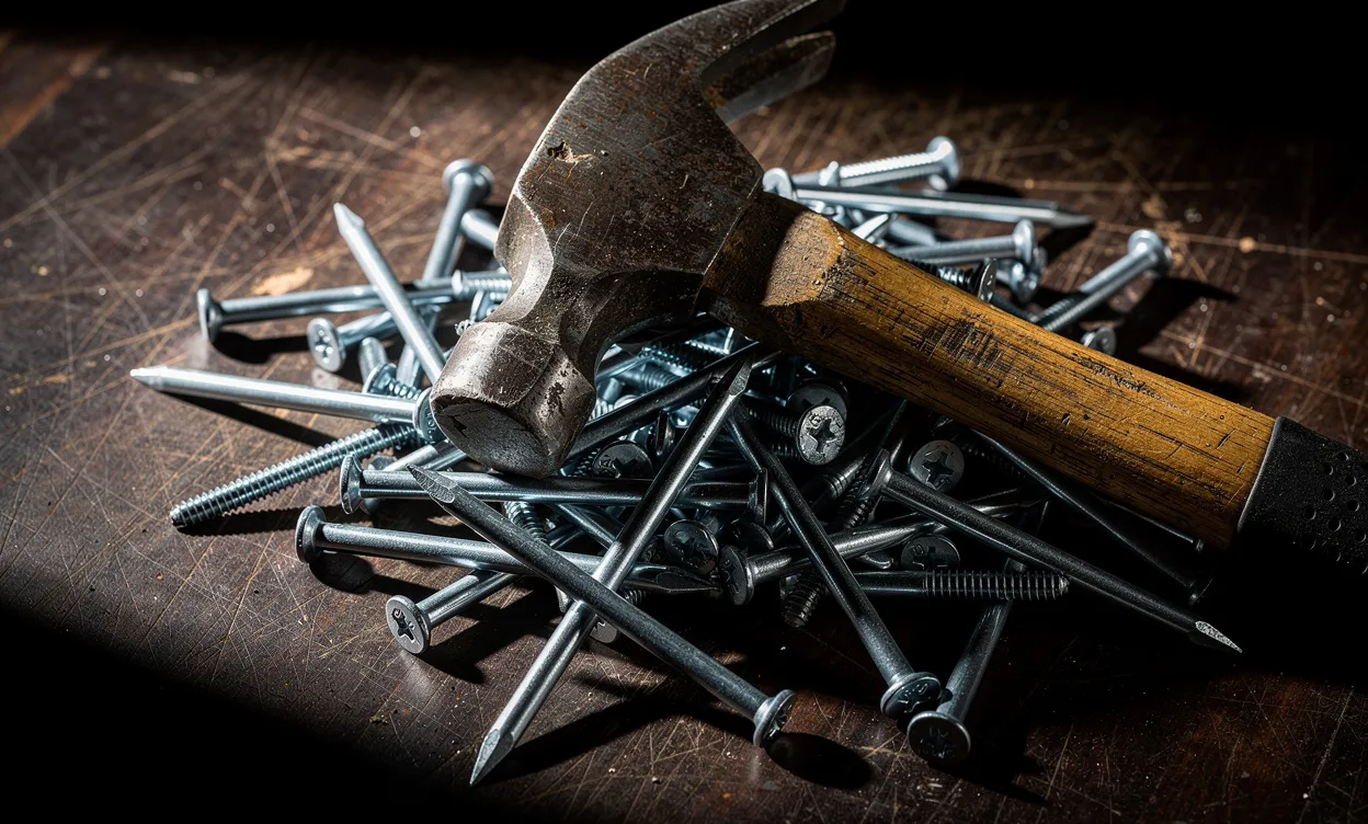 Un marteau usé domine un tas de clous métalliques étalés sur un établi en bois sombre.