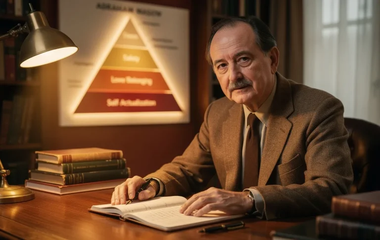 Abraham Maslow assis pensivement à un bureau devant un schéma lumineux de la pyramide des besoins.