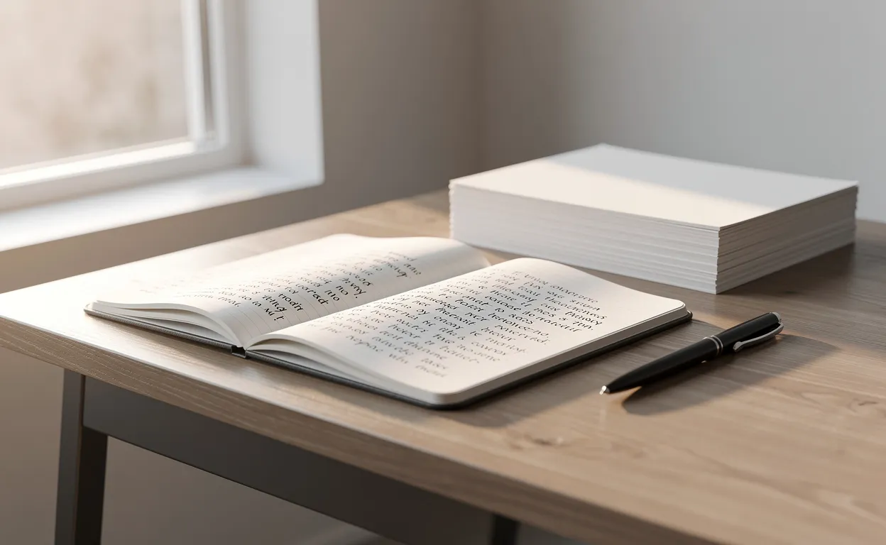 Un bureau moderne bien rangé avec un carnet ouvert rempli de citations manuscrites, des papiers empilés, un stylo posé et une douce lumière matinale entrant par la fenêtre.