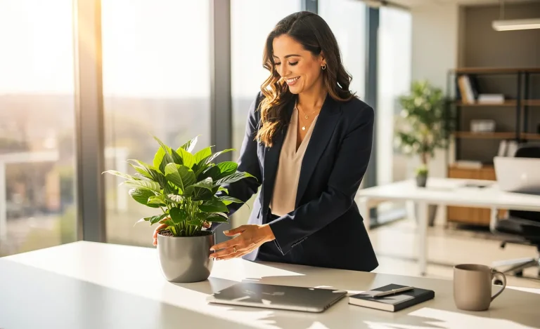 Une femme souriante en tenue professionnelle pose une plante en pot sur un bureau lumineux dans un bureau ensoleillé.