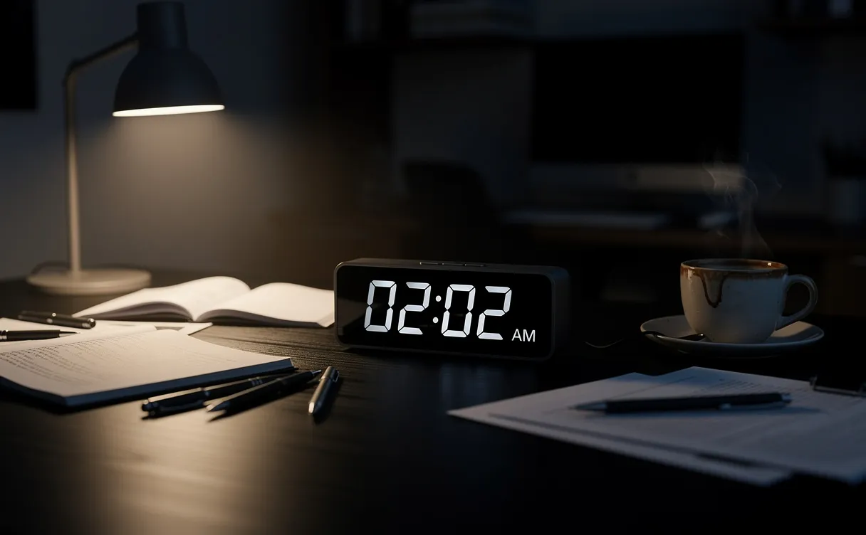 Un réveil numérique affiche 02h02 sur un bureau de travail éclairé par une lampe, avec des papiers épars et une tasse de café entamée.
