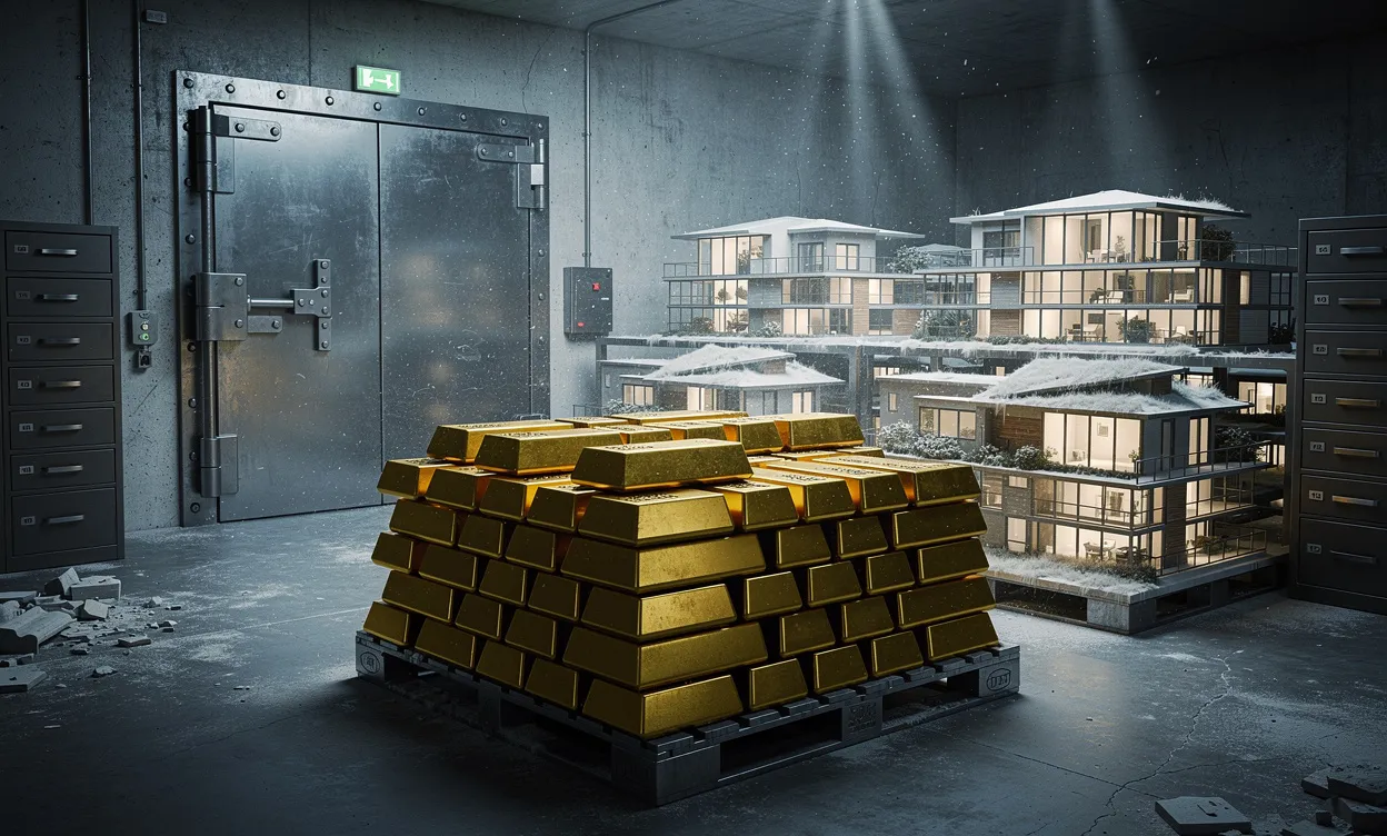 Des lingots d’or et des propriétés luxueuses inoccupées s’accumulent dans un coffre sombre, illustrant une richesse inutilisée.
