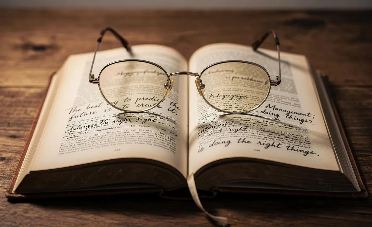 Un livre ancien ouvert repose sur un bureau en bois, avec des lunettes posées sur les pages et des citations manuscrites visibles sous une lumière douce.