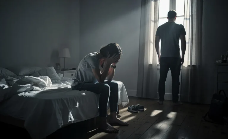 Une femme assise au bord d’un lit, le visage dans les mains, tandis qu’un homme se tient de dos près d’une fenêtre dans une chambre faiblement éclairée.
