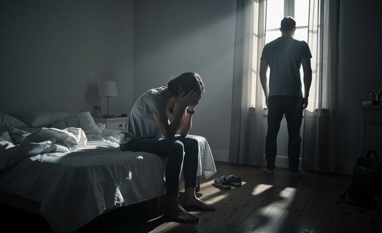 Une femme assise au bord d’un lit, le visage dans les mains, tandis qu’un homme se tient de dos près d’une fenêtre dans une chambre faiblement éclairée.