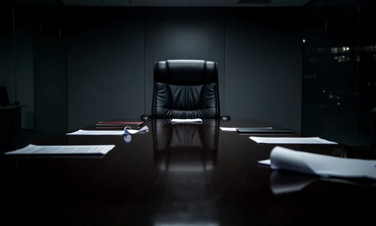 Une salle de réunion froide avec une grande table, une chaise principale imposante, des papiers épars et un éclairage tamisé.