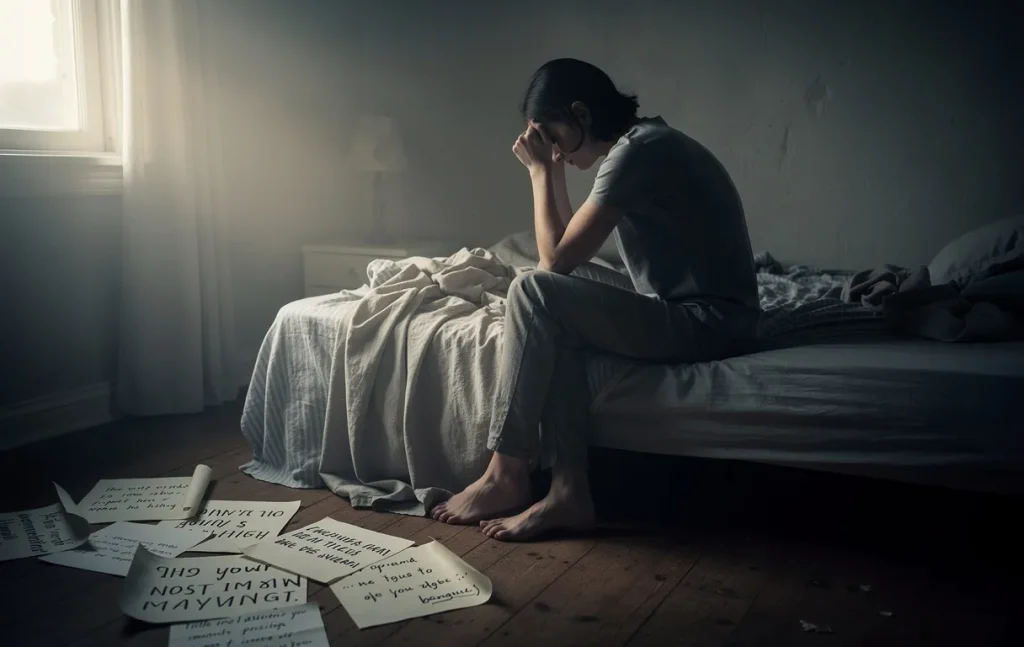 Une personne assise au bord d’un lit défait dans une chambre sombre, la tête dans les mains, entourée de feuilles manuscrites au sol et éclairée par une douce lumière matinale.