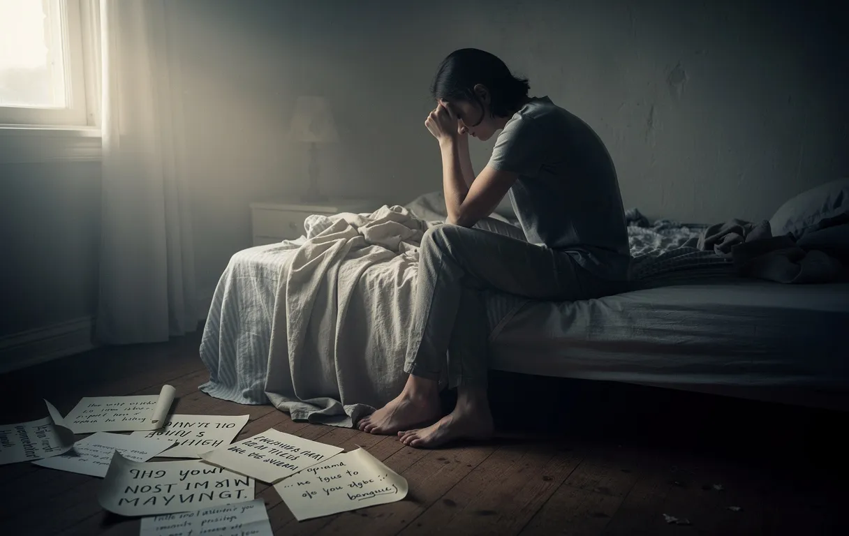Une personne assise au bord d’un lit défait dans une chambre sombre, la tête dans les mains, entourée de feuilles manuscrites au sol et éclairée par une douce lumière matinale.