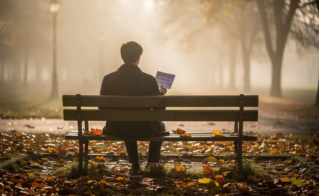 Une personne assise seule sur un banc dans un parc brumeux au lever du soleil tient un billet manuscrit, entourée de feuilles tombées et baignée d’une lumière dorée.