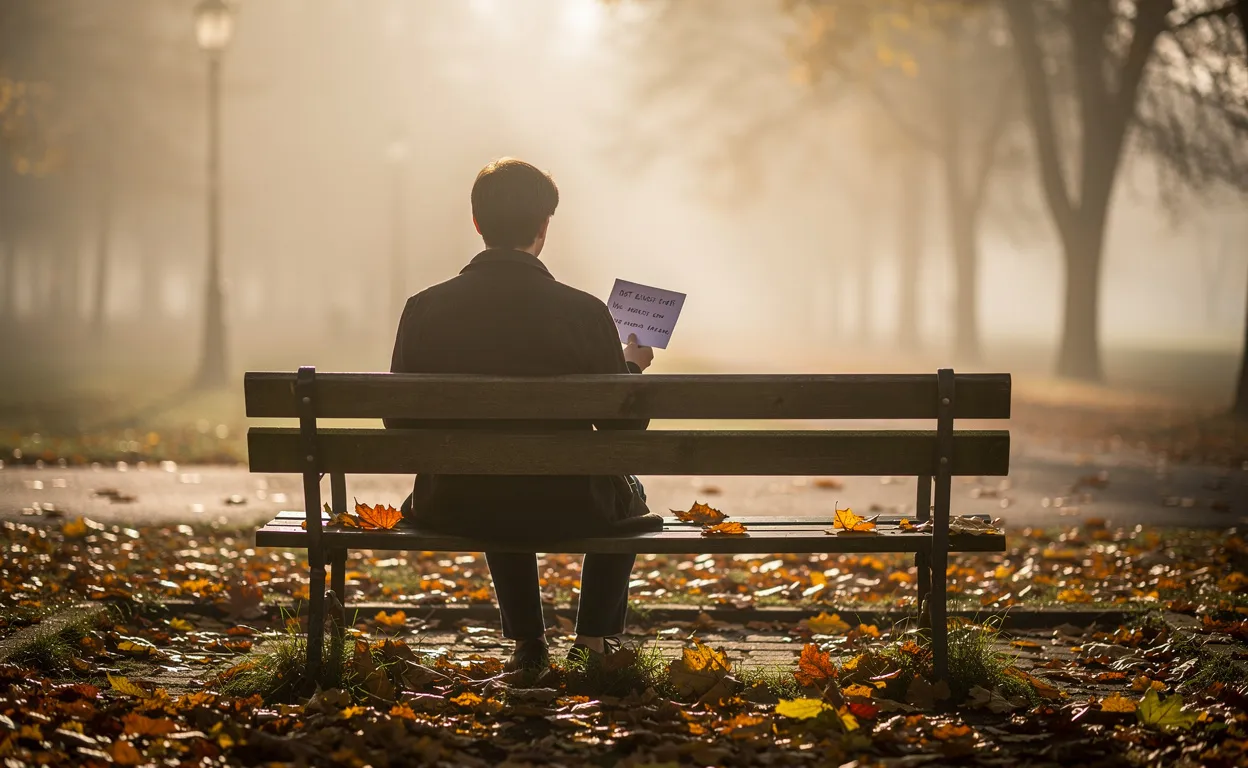 Une personne assise seule sur un banc dans un parc brumeux au lever du soleil tient un billet manuscrit, entourée de feuilles tombées et baignée d’une lumière dorée.