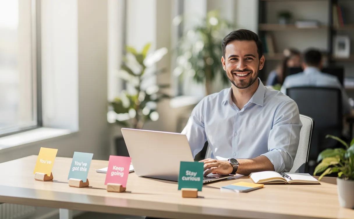 Un membre d’équipe souriant est assis à un bureau moderne décoré de cartes de citations colorées, éclairé par la lumière naturelle.