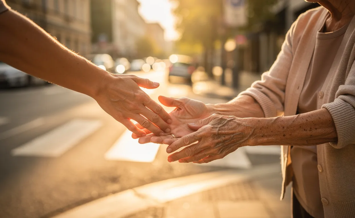 Deux mains tendues aident une personne âgée à traverser une rue baignées par une lumière dorée en ville.