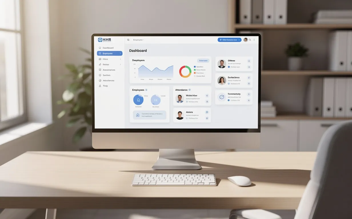 Un poste de travail épuré montre un écran d’ordinateur affichant un tableau de bord de logiciel RH dans une ambiance lumineuse et ordonnée.