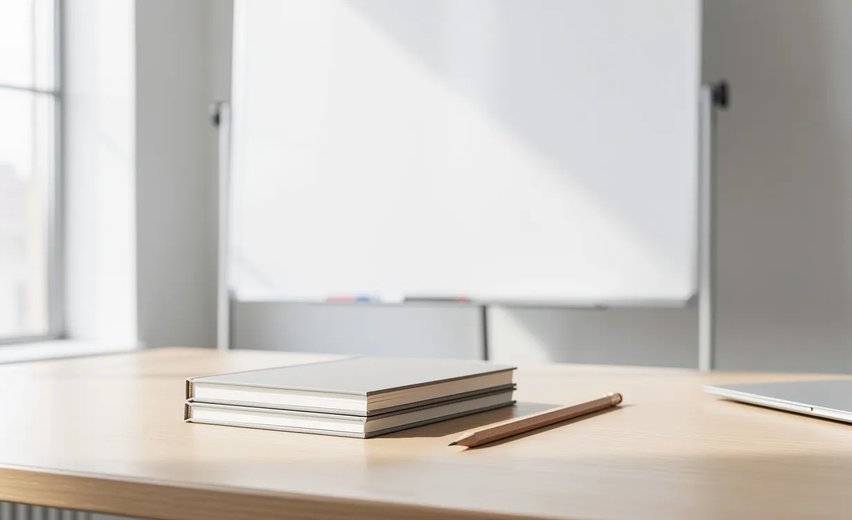 Un tableau blanc vierge posé sur un bureau moderne, accompagné de cahiers impeccablement empilés et d’un crayon, baignés par une lumière naturelle.