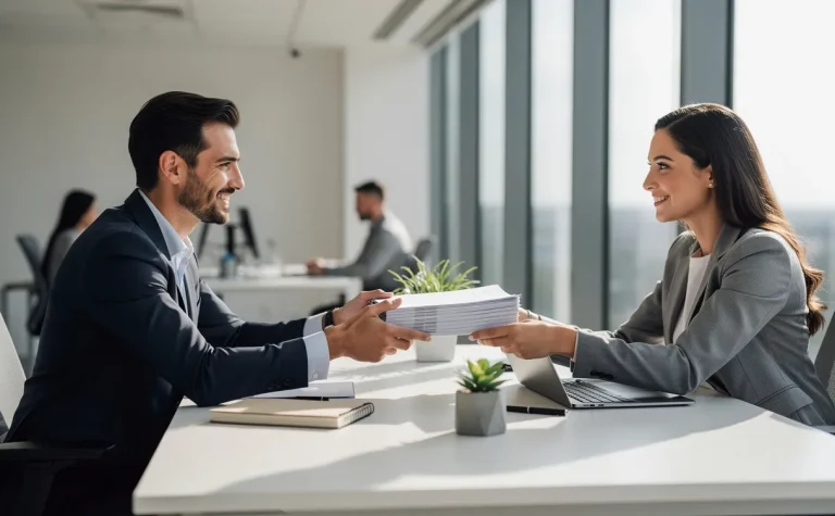 Un manager assis à un bureau moderne transmet une pile de documents à un membre de son équipe dans un bureau lumineux avec de grandes fenêtres.