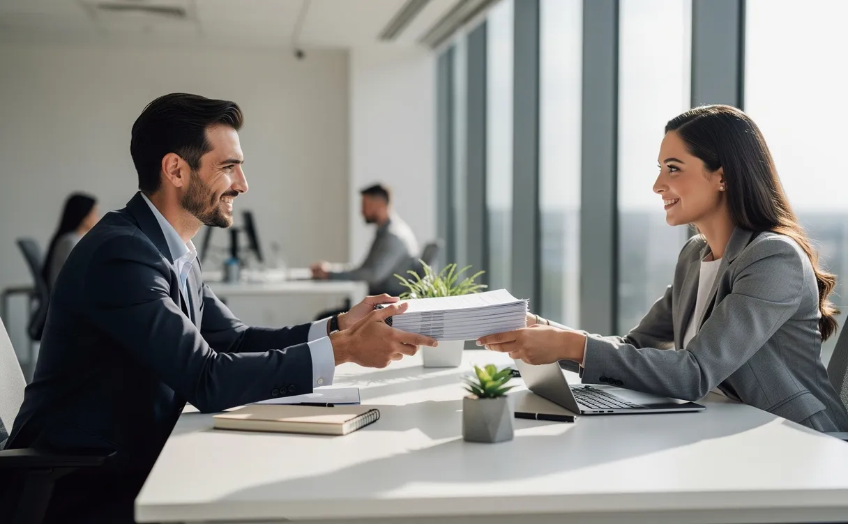 Un manager assis à un bureau moderne transmet une pile de documents à un membre de son équipe dans un bureau lumineux avec de grandes fenêtres.
