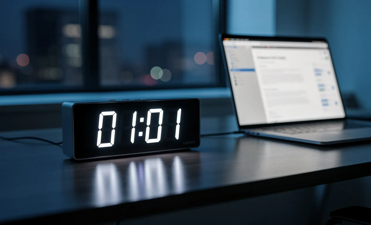 Un bureau moderne faiblement éclairé la nuit avec une horloge affichant 01:01, un ordinateur portable ouvert et une lumière bleutée discrète.