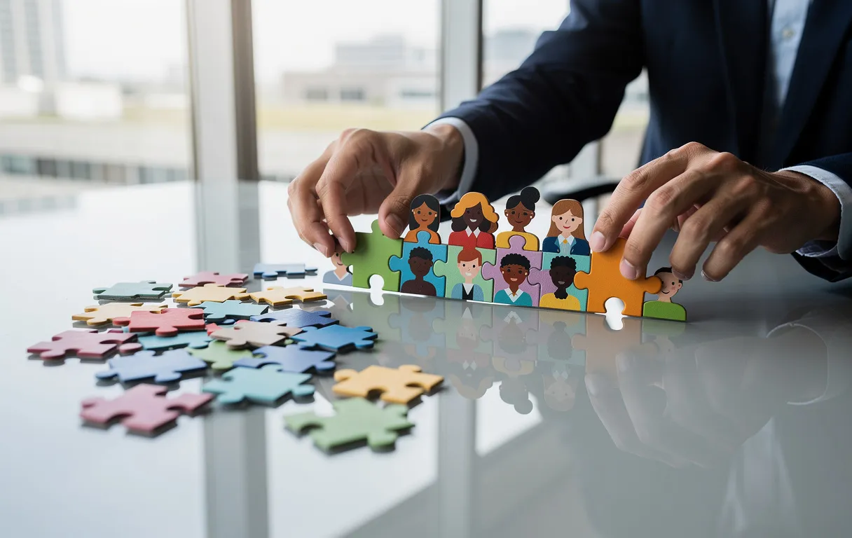 Un manager accompagne un puzzle représentant une équipe diverse qui s’assemble sur une table de bureau moderne, sous une lumière douce.