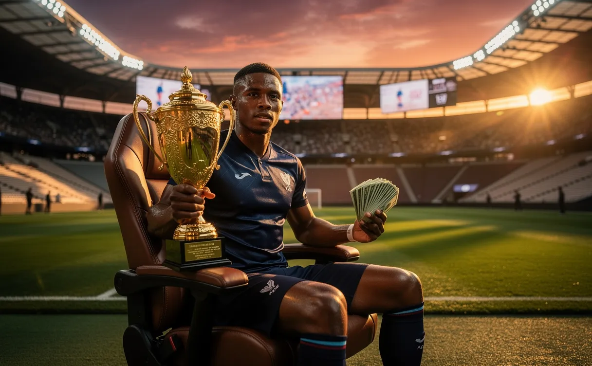 Un athlète assis seul dans un stade luxueux au coucher du soleil tient un trophée doré et une liasse de billets.