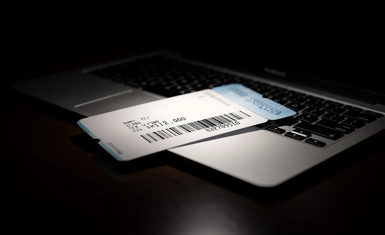 Un billet d’avion posé sur un clavier d’ordinateur, avec son code-barres et son prix éclairés dans une pièce sombre.