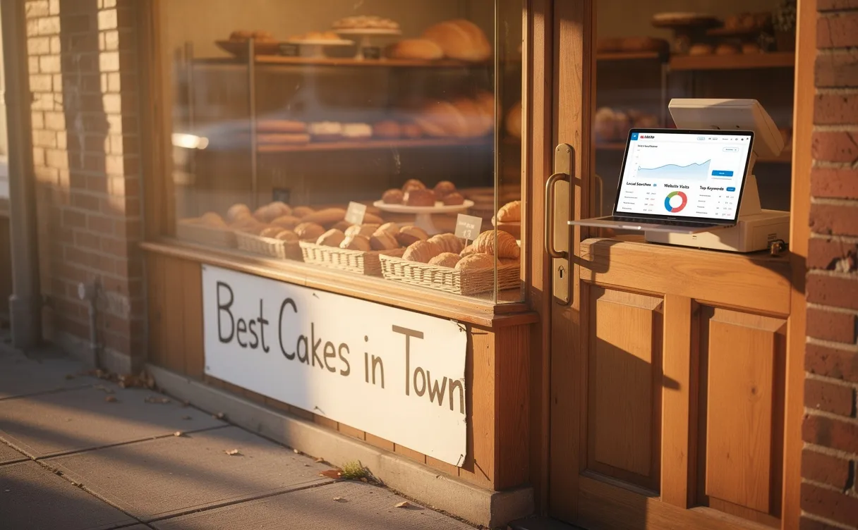 Façade d’une petite boulangerie indépendante avec une pancarte manuscrite en vitrine et un ordinateur portable affichant des analyses SEO sur le comptoir, éclairés par la lumière du matin.