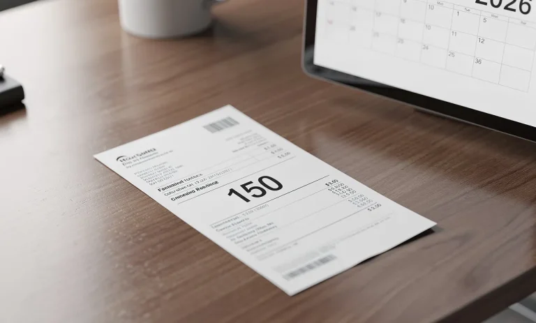 Un bulletin de paie posé sur un bureau moderne affiche le nombre 150 en gras, avec un calendrier numérique indiquant l’année 2026 en arrière-plan.