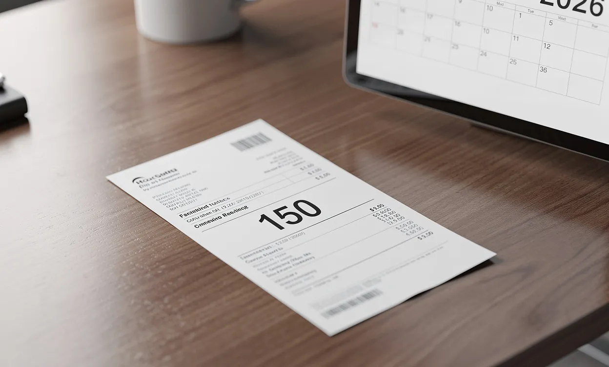 Un bulletin de paie posé sur un bureau moderne affiche le nombre 150 en gras, avec un calendrier numérique indiquant l’année 2026 en arrière-plan.
