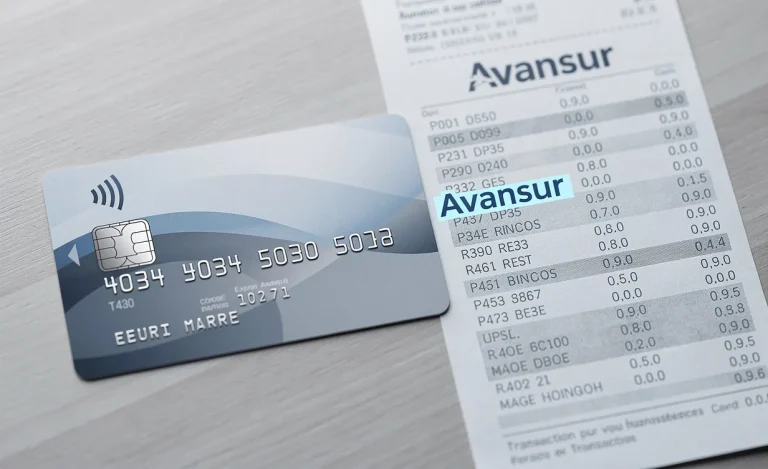 Carte bancaire française posée à côté d’un relevé de transactions imprimé avec le mot "Avanssur" en surbrillance.