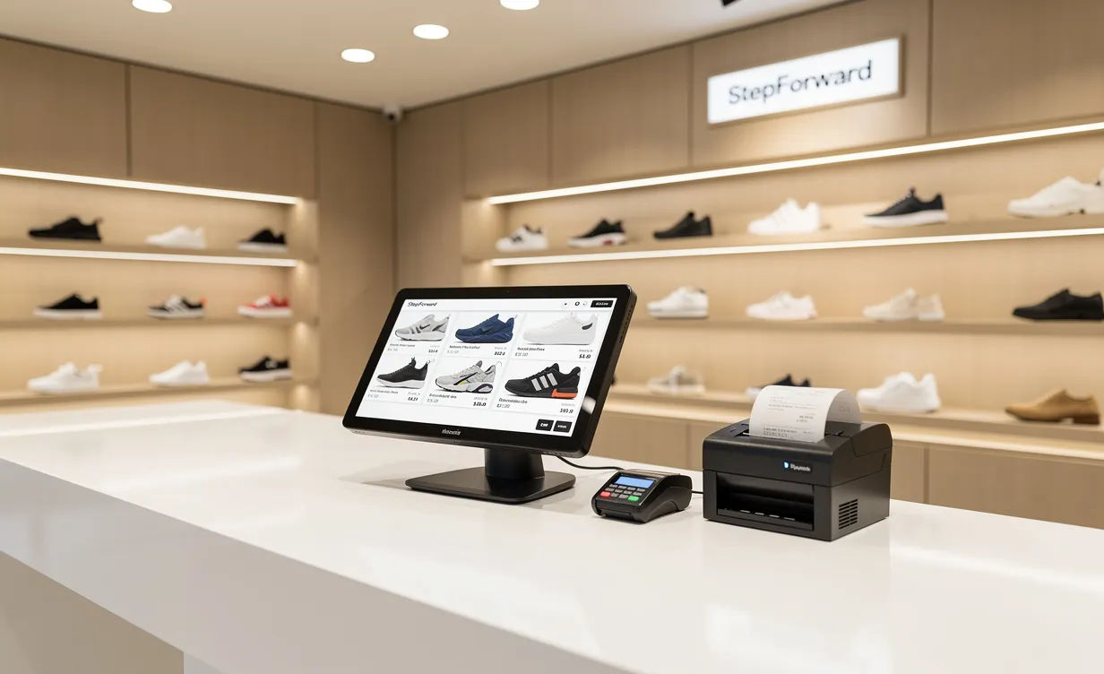 Comptoir moderne de magasin de chaussures avec un système de caisse numérique affichant un catalogue et des chaussures alignées sur des étagères éclairées en arrière-plan.