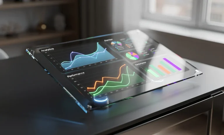 Un écran tactile transparent affiche des graphiques colorés au-dessus d’un bureau épuré, baignant la scène d’une lumière douce.