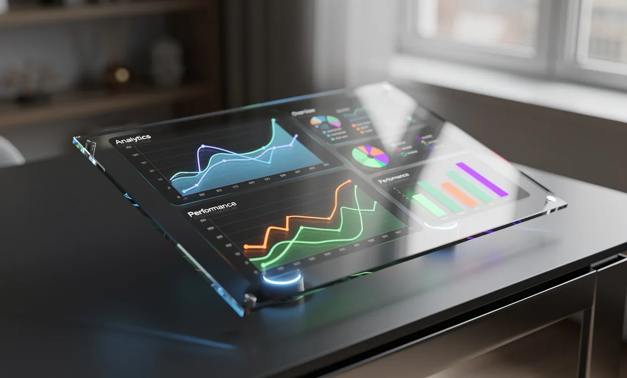 Un écran tactile transparent affiche des graphiques colorés au-dessus d’un bureau épuré, baignant la scène d’une lumière douce.