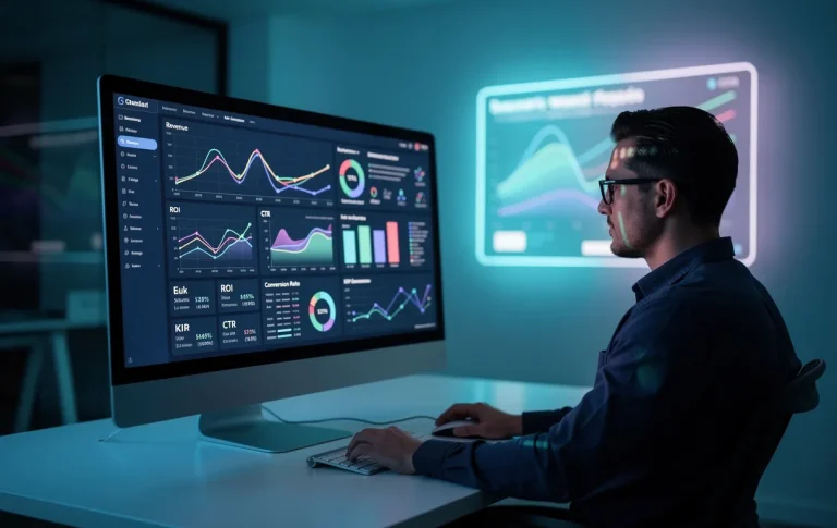 Un marketeur observe un tableau de bord avec des graphiques colorés et des données financières, sur fond d’un graphique publicitaire lumineux.