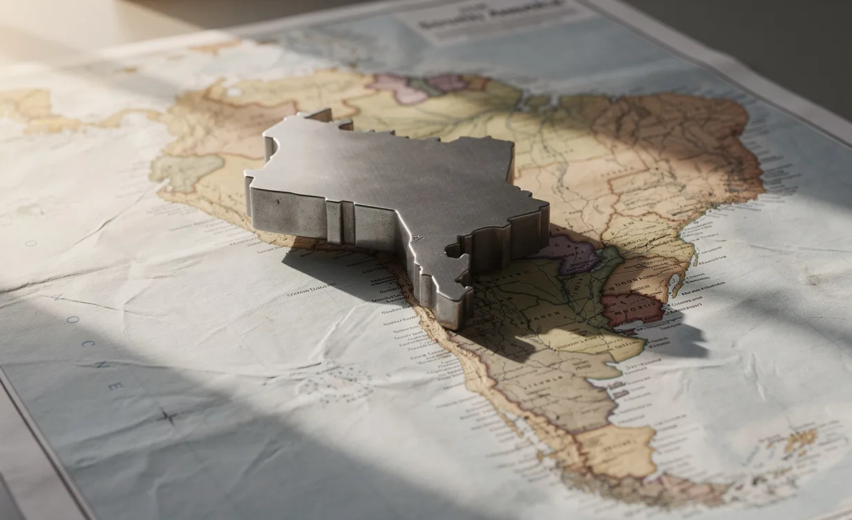 Un poids métallique en forme de l’Équateur repose sur une carte de l’Amérique du Sud avec une lumière matinale douce.