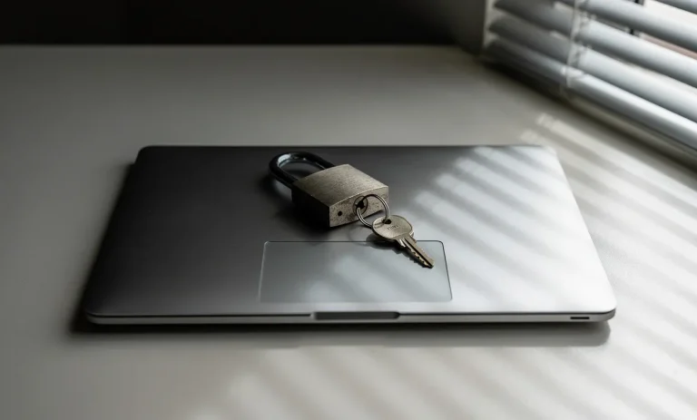 Un ordinateur portable fermé repose sur un bureau vide, avec un cadenas et une clé posés dessus, éclairés par la lumière du soleil filtrant à travers des stores.