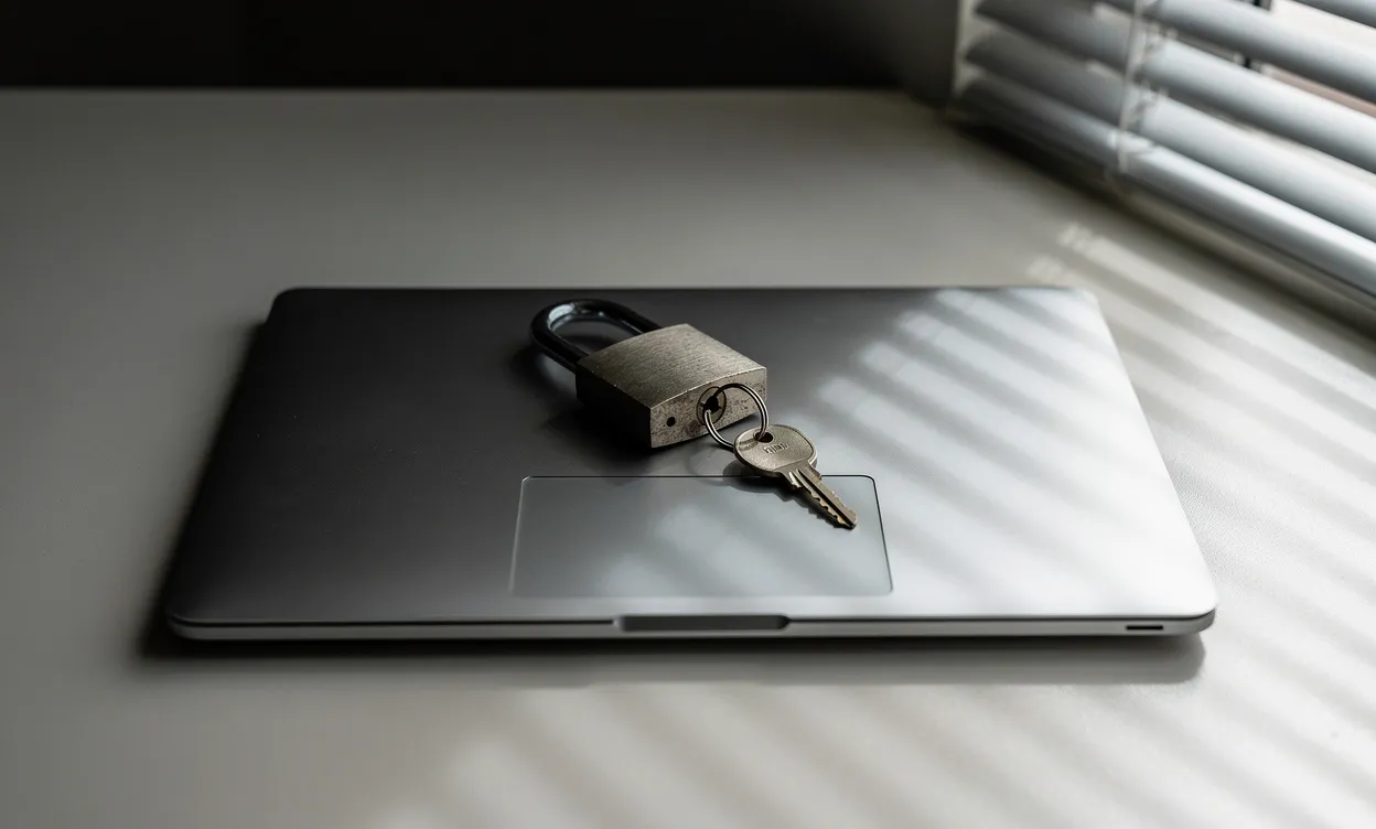 Un ordinateur portable fermé repose sur un bureau vide, avec un cadenas et une clé posés dessus, éclairés par la lumière du soleil filtrant à travers des stores.