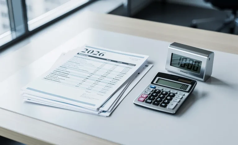 Un bureau moderne bien ordonné avec des fiches de paie datées 2026, une calculatrice et une horloge digitale sous une lumière du jour tempérée.