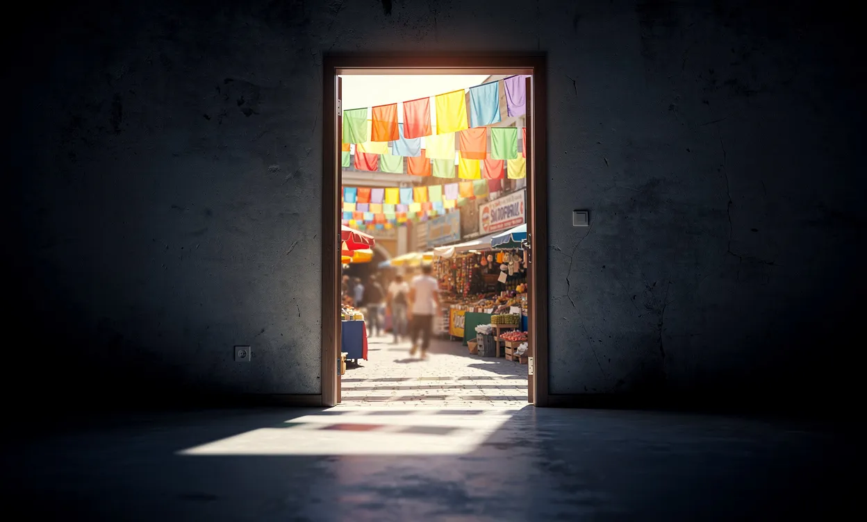 Une porte ouverte sépare une pièce sombre d’un marché lumineux animé de nombreuses opportunités et de banderoles colorées.