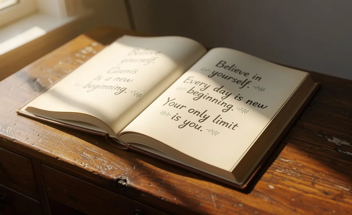 Un livre ouvert aux pages manuscrites repose sur un bureau en bois, éclairé par un rayon de soleil doré passant par la fenêtre.