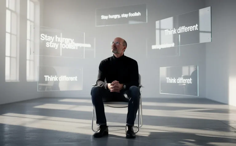 Steve Jobs est assis seul dans une pièce minimaliste baignée de lumière, entouré de citations flottant sur des écrans transparents.