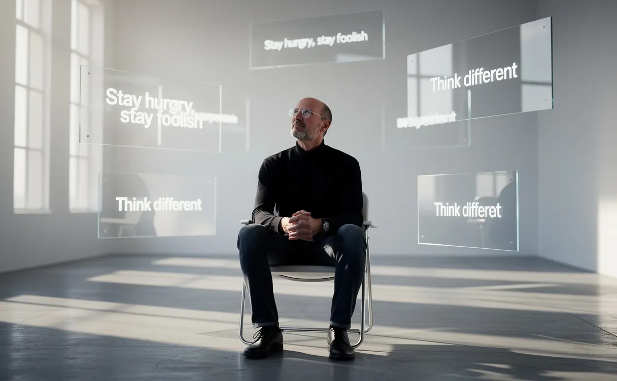 Steve Jobs est assis seul dans une pièce minimaliste baignée de lumière, entouré de citations flottant sur des écrans transparents.