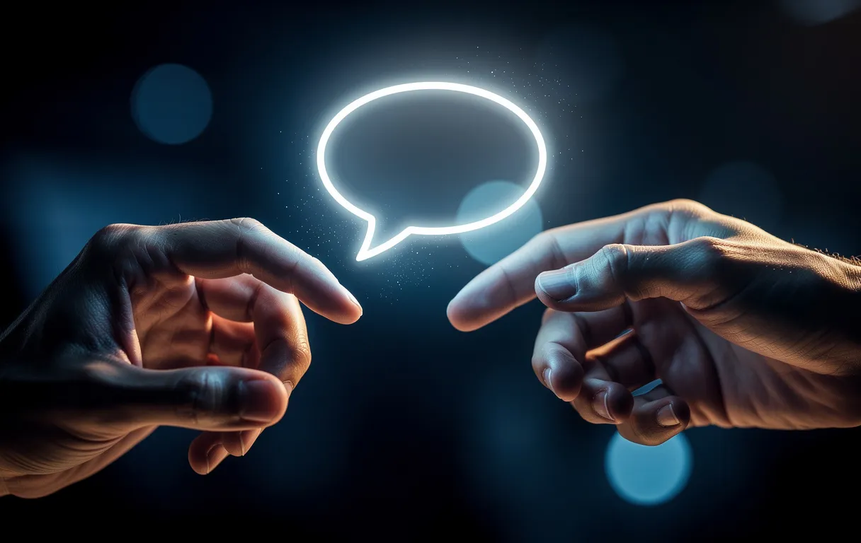 Deux mains échangent une bulle de dialogue lumineuse sur un fond sombre et flou.
