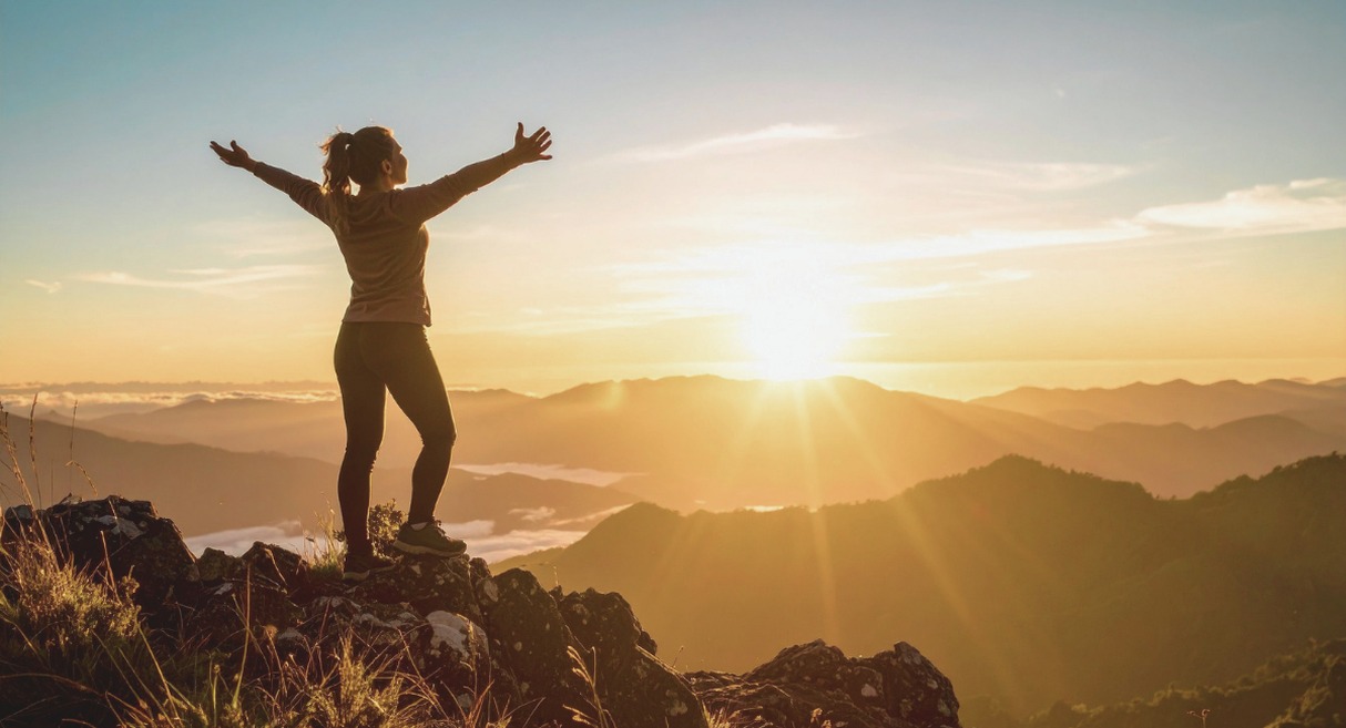 Personne bras ouverts au sommet d une montagne face au lever du soleil symbole de reussite