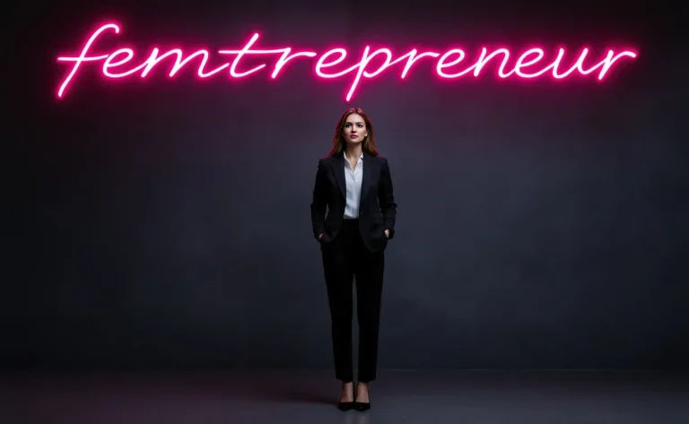 Une femme d’affaires confiante se tient seule sous une enseigne néon "femtrepreneur", avec des graphiques en déclin projetant des ombres derrière elle.