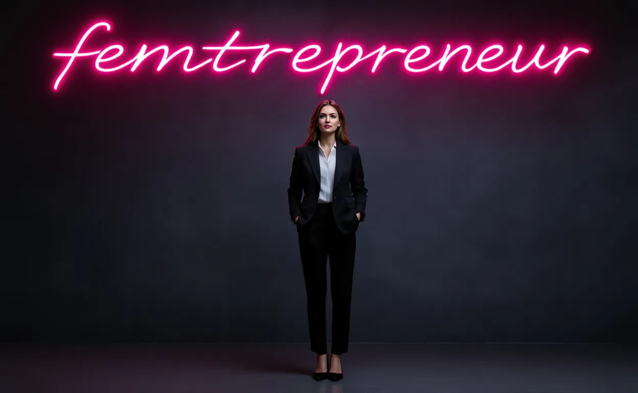 Une femme d’affaires confiante se tient seule sous une enseigne néon "femtrepreneur", avec des graphiques en déclin projetant des ombres derrière elle.